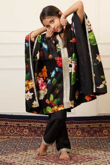 Mamma Plz_Black Chanderi, Cotton, Voile Floral Print Kaftan Set _at_Aza_Fashions