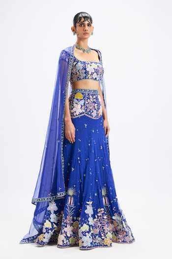 Aisha Rao_Blue Georgette, Tulle Boat Neck Saphira Persian Lehenga Set _Online_at_Aza_Fashions