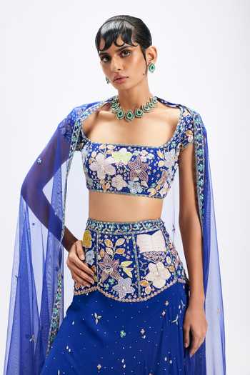 Buy_Aisha Rao_Blue Georgette, Tulle Boat Neck Saphira Persian Lehenga Set _Online_at_Aza_Fashions