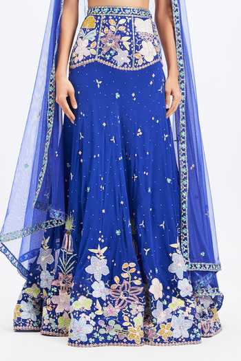 Shop_Aisha Rao_Blue Georgette, Tulle Boat Neck Saphira Persian Lehenga Set _Online_at_Aza_Fashions