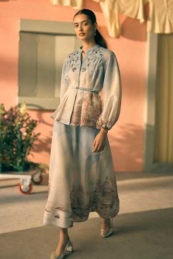 Pankaj & Nidhi_Multi Color Organza Beads, Crystals Mandarin Collar Porto Mural Embellished Top _Online_at_Aza_Fashions