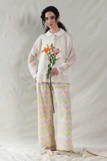 Dhaari_Off White Silk, Cotton Collared Hand Painted Handwoven Top And Slip _at_Aza_Fashions