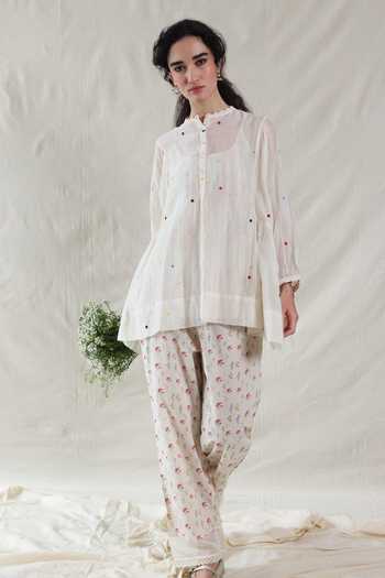 Shop_Dhaari_Blue Silk, Cotton Mandarin Collar Handwoven Top And Slip Set _Online_at_Aza_Fashions