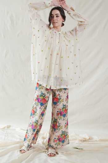 Shop_Dhaari_Off White Silk, Cotton Mandarin Collar Handwoven Top And Slip Set _Online_at_Aza_Fashions