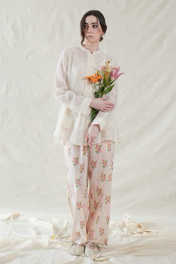 Dhaari_Off White Silk, Cotton Mandarin Collar Hand Painted Handwoven Top And Slip Set _Online_at_Aza_Fashions