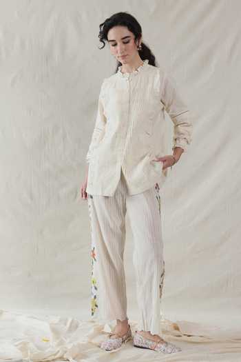Buy_Dhaari_Off White Silk, Cotton High Neck Handwoven Top And Slip Set _Online_at_Aza_Fashions