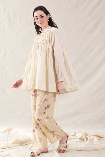 Buy_Dhaari_Off White Silk, Cotton Mandarin Collar Handwoven Top And Slip Set _Online_at_Aza_Fashions