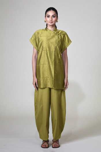 Buy_Bunka_Green Chanderi Embroidery Mandarin Collar Yuki Top _Online_at_Aza_Fashions