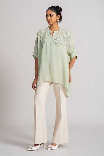 Namrata Joshipura_Green Georgette Split V-neck Pointed Hem Tunic _at_Aza_Fashions