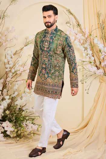 Buy_Kasbah_Green Crepe Zari Embroidered Kurta _Online_at_Aza_Fashions