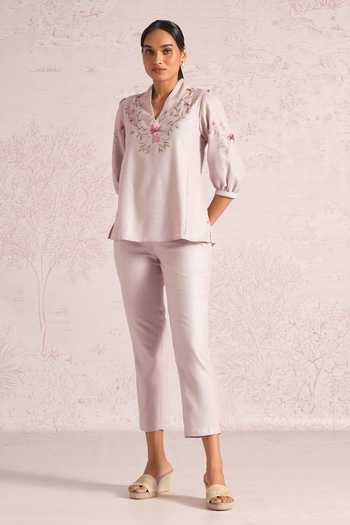 Shop Kaveri Pink Linen Embroidery, Lace V-neck Blush Vines Tree Top Online at Aza Fashions Shop_Kaveri_Pink Linen Embroidery, Lace V-neck Blush Vines Tree Top _Online_at_Aza_Fashions