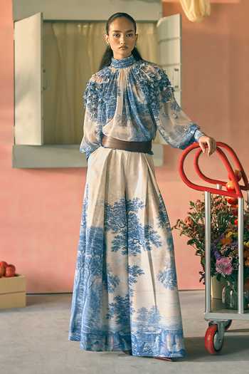 Pankaj & Nidhi_Blue Chiffon Embroidery, Ruffles, Fabric Porto Sapphire Solstice Print Top _Online_at_Aza_Fashions