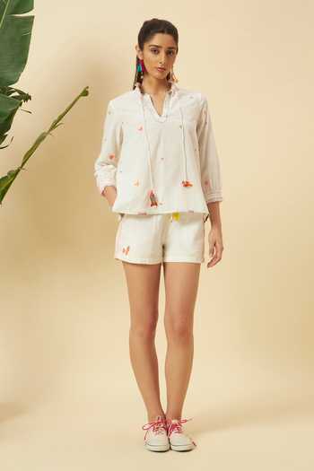 Shop_Nikasha_Multi Color Cotton Embroidery, Tassels Split V-neck Ivory Tie Up Shirt Top _Online_at_Aza_Fashions