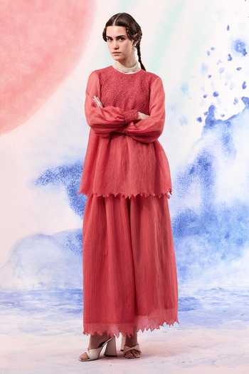 Ilk_Coral Silk, Muslin Embroidery Round Neck Kin Top _at_Aza_Fashions