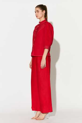 Shop_Koai_Red Linen Mandarin Collar Frill Shirt 