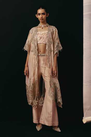 Twenty Nine_Blush Tissue Sequins, Mirrors, Fabric Flowers Bandeau Neck Floral Top _Online_at_Aza_Fashions