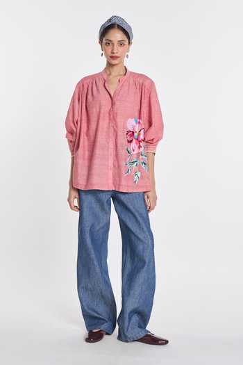 Payal Pratap_Pink Handloom Cotton Embroidery Mandarin Collar Scabiosa Shirt _at_Aza_Fashions