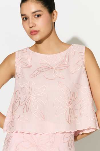 Shop_Koai_Pink Linen Round Neck Embroidered Floral Crop Top 