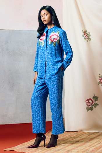 Pooja Rajgarhia Gupta_Blue Georgette Mandarin Collar Vis Double Shirt _at_Aza_Fashions