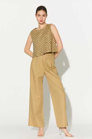 Shop_Koai_Beige Linen Round Neck Geometric Print Top _Online_at_Aza_Fashions