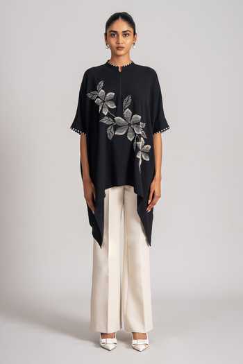 Buy_Namrata Joshipura_Black Georgette, Twill Mandarin Collar Handkerchief Tunic _Online_at_Aza_Fashions