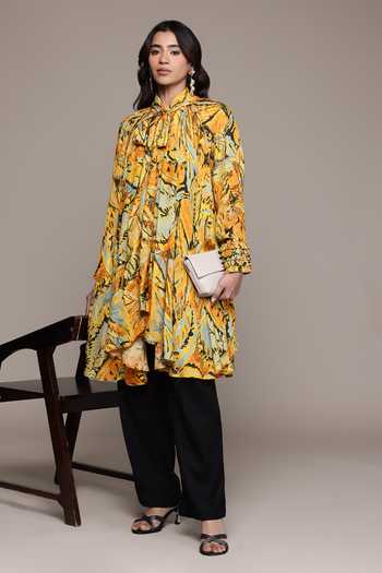 Ritu Kumar_Yellow Viscose, Lurex High Neck Abstract Print Full Sleeve Long Top _at_Aza_Fashions