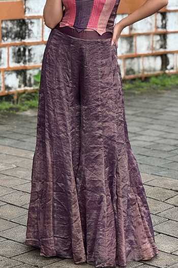 Etasha By Asha Jain_Pink Tissue Bandeau Neck Striped Panel Corset And Palazzo Set _Online_at_Aza_Fashions