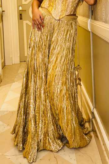 Etasha By Asha Jain_Gold Tissue Halter Neck Textured Metallic Corset And Palazzo Set _Online_at_Aza_Fashions