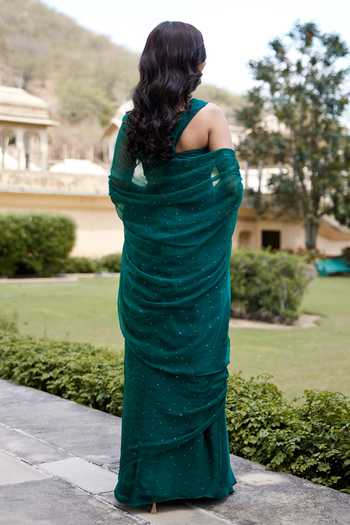 Geroo Jaipur Mukaish Embroidered Pre-Draped Saree With Blouse 