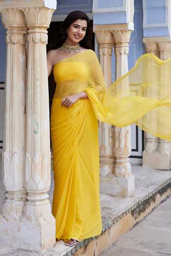 Shop_Geroo Jaipur_Yellow Chiffon Bandeau Neck Pre-draped Saree With Blouse _Online_at_Aza_Fashions