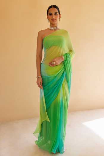 Shop_Geroo Jaipur_Green Chiffon Bandeau Neck Mukaish Work Pre-draped Saree With Blouse _Online_at_Aza_Fashions