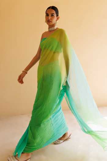 Shop_Geroo Jaipur_Green Chiffon Bandeau Neck Mukaish Work Pre-draped Saree With Blouse 