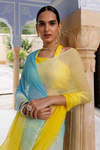 Shop_Geroo Jaipur_Blue Chiffon Halter Neck Pre-draped Saree With Blouse _Online_at_Aza_Fashions