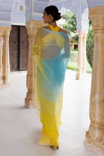 Geroo Jaipur_Blue Chiffon Halter Neck Pre-draped Saree With Blouse _at_Aza_Fashions