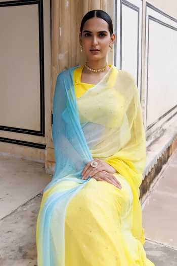 Buy_Geroo Jaipur_Blue Chiffon Halter Neck Pre-draped Saree With Blouse 