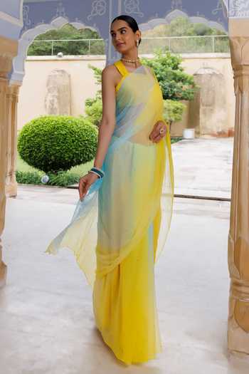 Shop_Geroo Jaipur_Blue Chiffon Halter Neck Pre-draped Saree With Blouse 