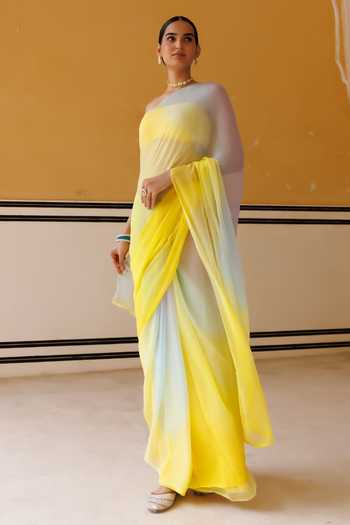 Geroo Jaipur_Blue Chiffon Bandeau Neck Pre-draped Saree With Blouse _Online_at_Aza_Fashions