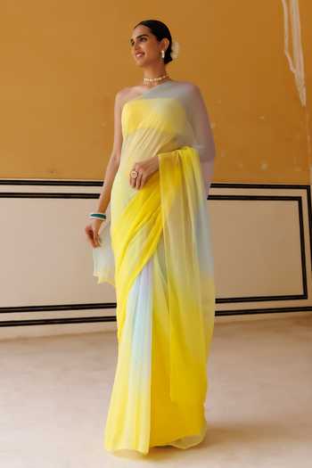 Buy_Geroo Jaipur_Blue Chiffon Bandeau Neck Pre-draped Saree With Blouse _Online_at_Aza_Fashions