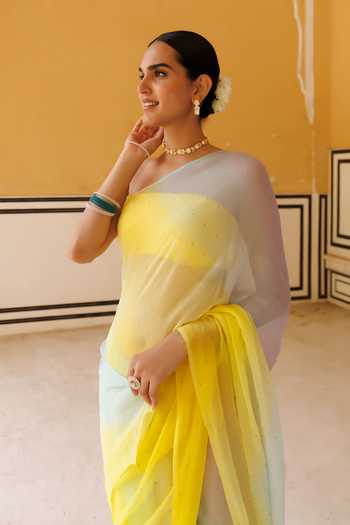 Shop_Geroo Jaipur_Blue Chiffon Bandeau Neck Pre-draped Saree With Blouse _Online_at_Aza_Fashions