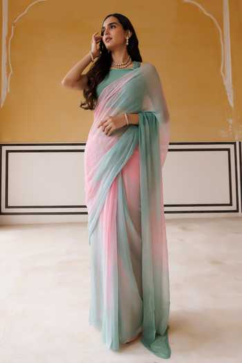 Geroo Jaipur_Pink Chiffon, Crepe Halter Neck Pre-draped Saree And Blouse Set _Online_at_Aza_Fashions
