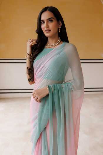 Buy_Geroo Jaipur_Pink Chiffon, Crepe Halter Neck Pre-draped Saree And Blouse Set _Online_at_Aza_Fashions