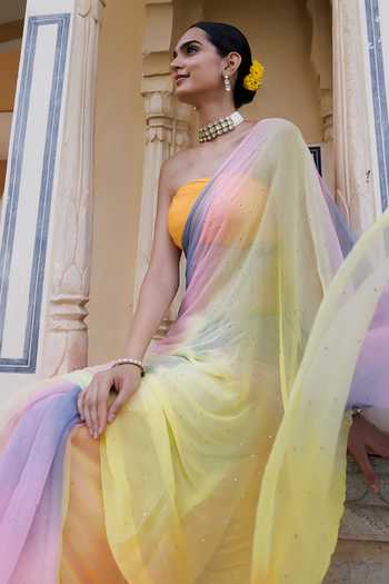 Buy_Geroo Jaipur_Multi Color Chiffon Bandeau Neck Pre-draped Saree With Blouse _Online_at_Aza_Fashions