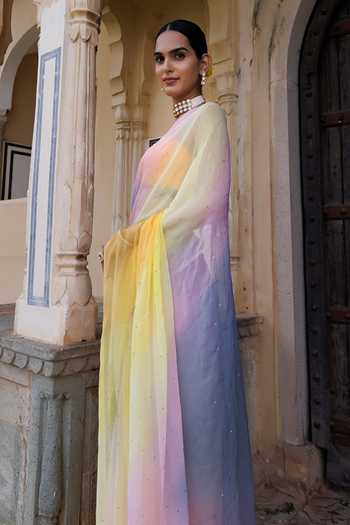 Shop_Geroo Jaipur_Multi Color Chiffon Bandeau Neck Pre-draped Saree With Blouse _Online_at_Aza_Fashions