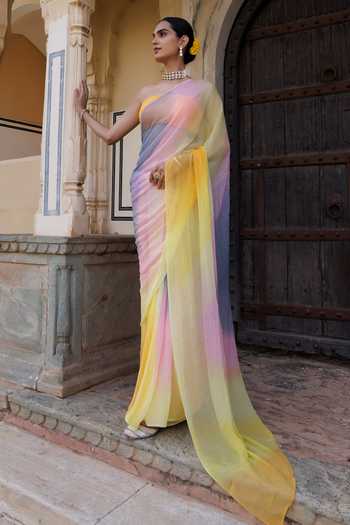 Geroo Jaipur_Multi Color Chiffon Bandeau Neck Pre-draped Saree With Blouse _at_Aza_Fashions