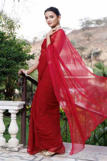 Buy_Geroo Jaipur_Red Chiffon Square Neck Pre-draped Saree And Blouse Set 
