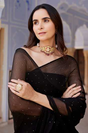 Geroo Jaipur_Black Chiffon Bandeau Neck Mukaish Embroidered Pre-draped Saree With Blouse _at_Aza_Fashions