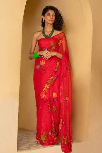 Geroo Jaipur Handpainted Pre-Draped Chiffon Saree With Blouse 