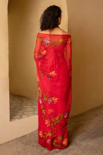 Geroo Jaipur Handpainted Pre-Draped Chiffon Saree With Blouse 