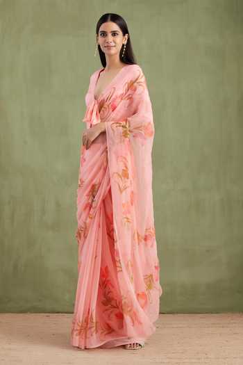 Geroo Jaipur_Pink Chiffon V-neck Handpainted Pre-draped Saree And Blouse Set _Online_at_Aza_Fashions