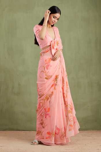 Buy_Geroo Jaipur_Pink Chiffon V-neck Handpainted Pre-draped Saree And Blouse Set _Online_at_Aza_Fashions